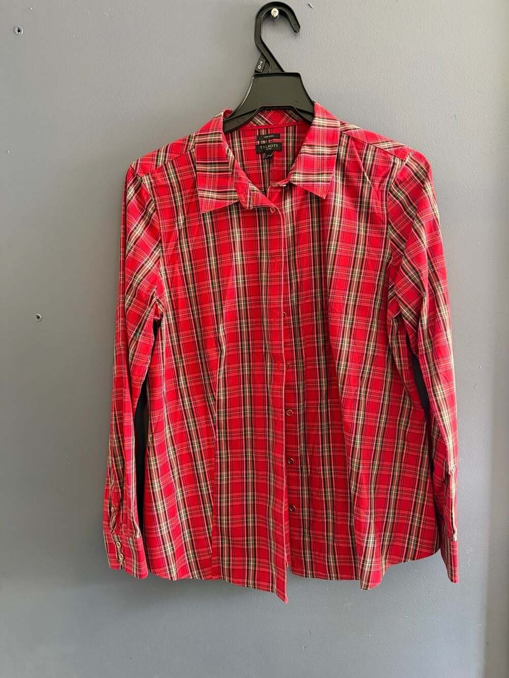 Talbots non iron size 12p Red plaid gold buttons metallic button up Christmas